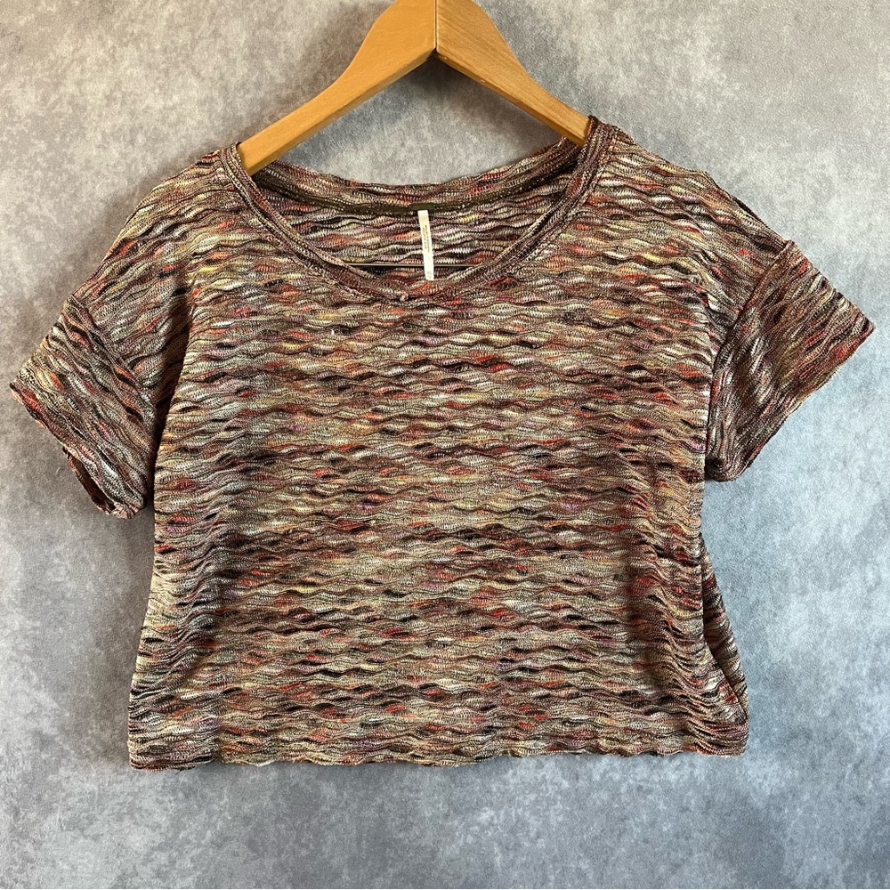 Free People Crop Top Multicolor Wavy Stripe Short Sleeve Boxy Y2K Retro XS / TP